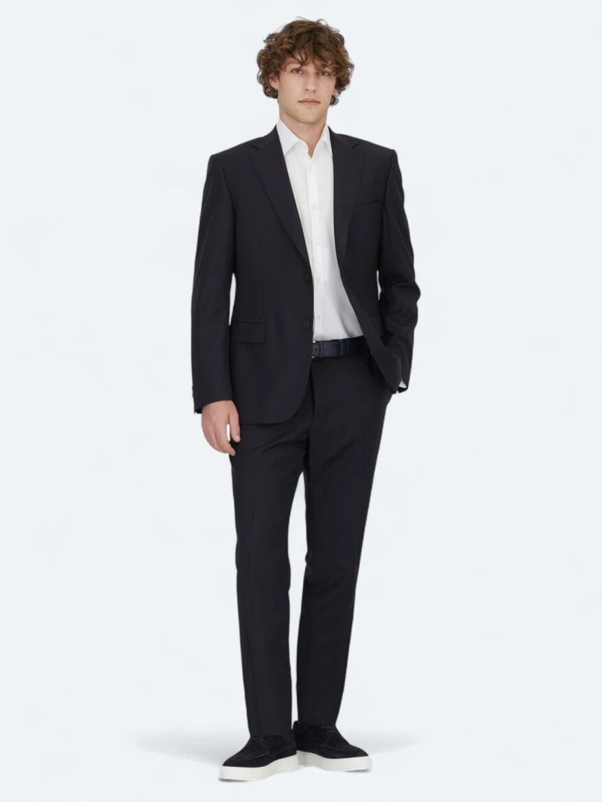 Navy Blue Plain Modern Fit Wool Blended Suit - 2