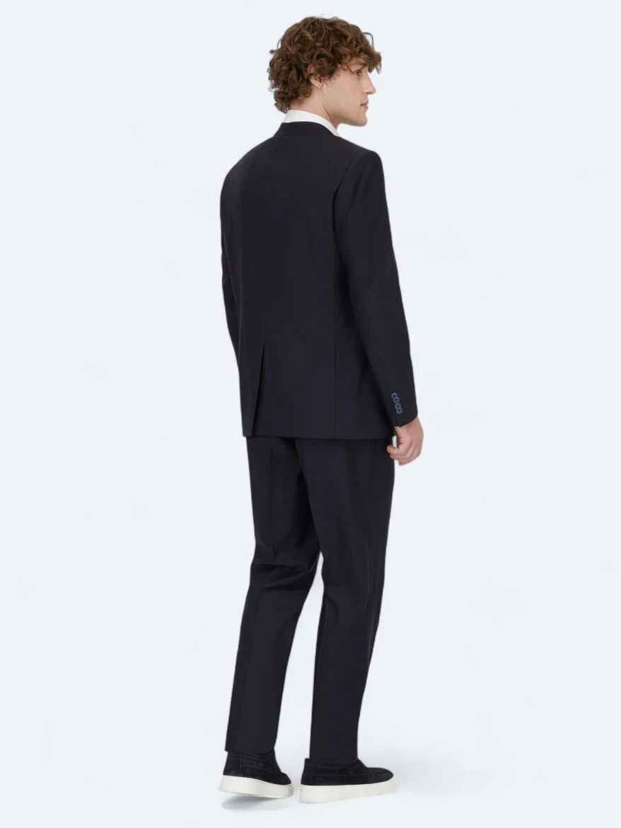 Navy Blue Plain Modern Fit Wool Blended Suit - 5