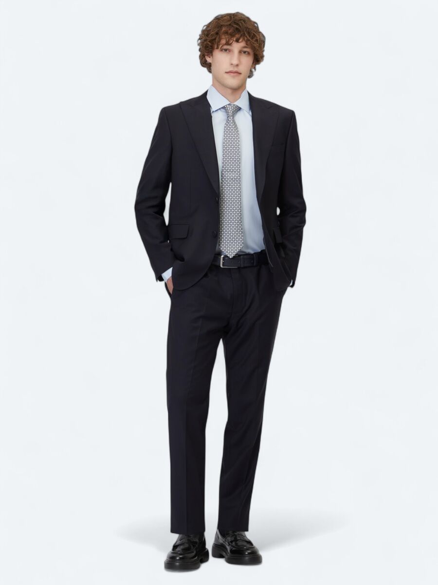 Navy Blue Plain Modern Fit Wool Blended Suit - 2