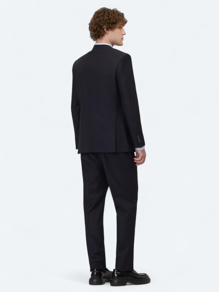 Navy Blue Plain Modern Fit Wool Blended Suit - 5
