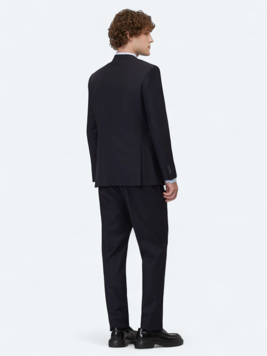 Navy Blue Plain Modern Fit Wool Blended Suit - 5