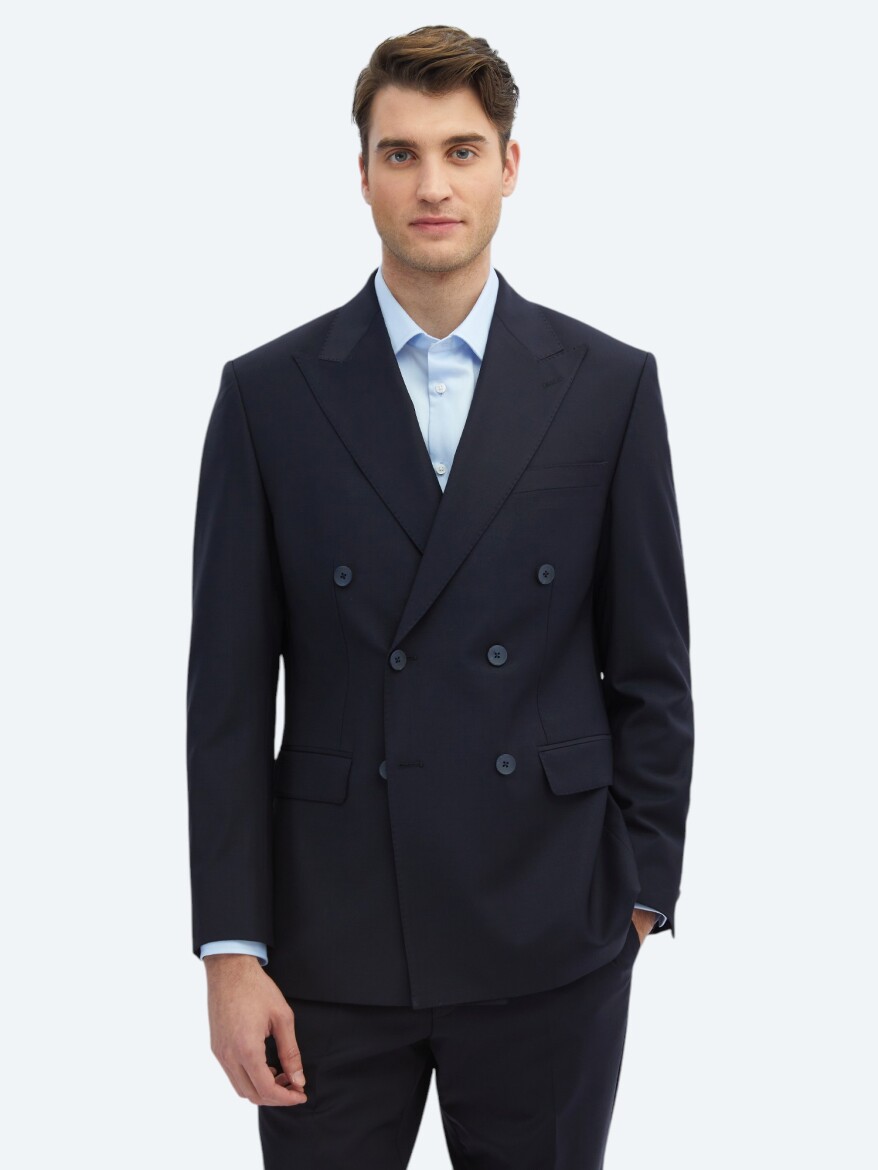 Navy Blue Plain Modern Fit Wool Blended Suit - 2