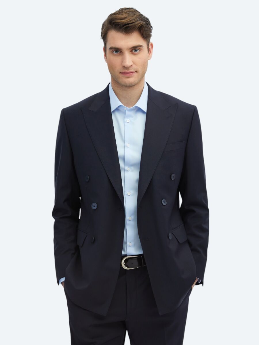 Navy Blue Plain Modern Fit Wool Blended Suit - 6