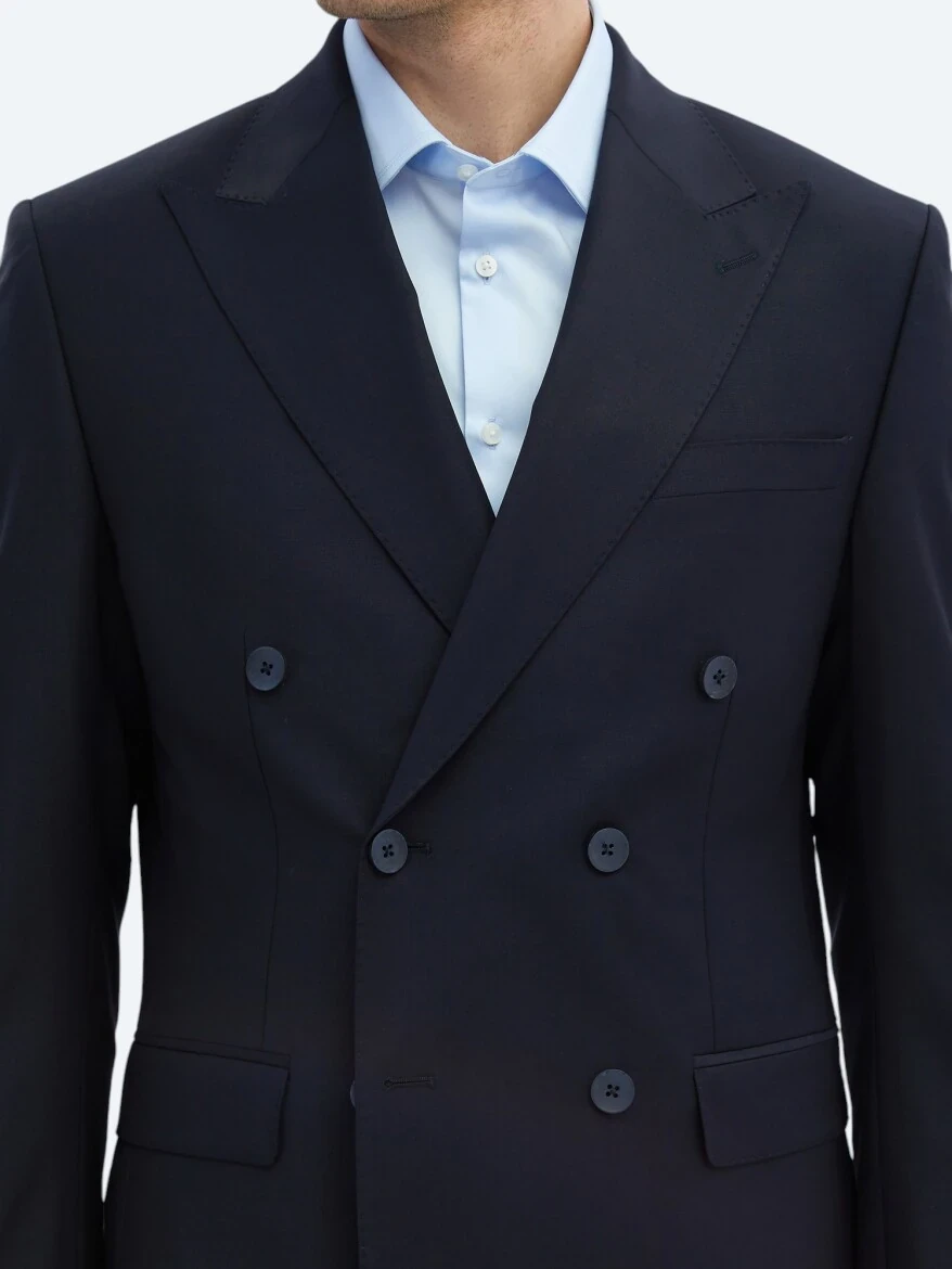 Navy Blue Plain Modern Fit Wool Blended Suit - 4