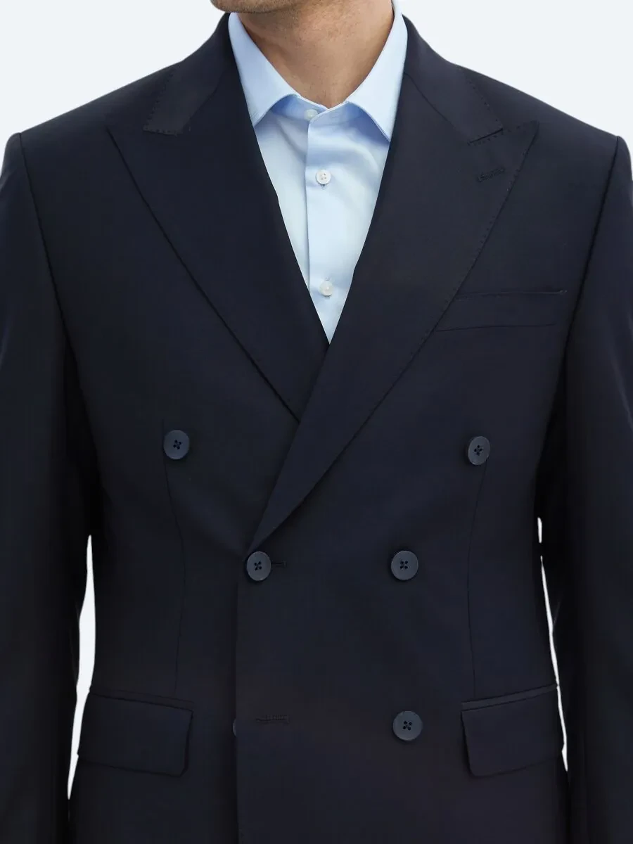 Navy Blue Plain Modern Fit Wool Blended Suit - 4