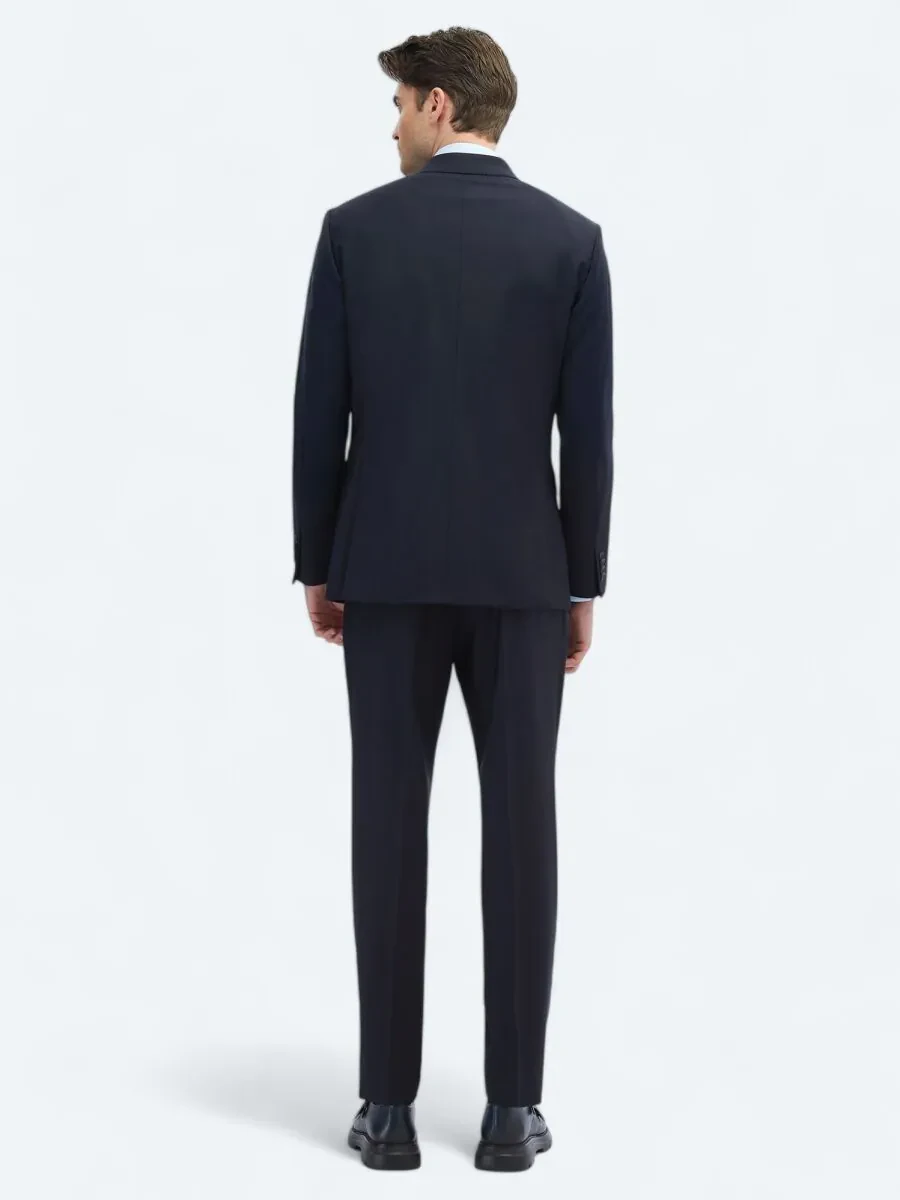 Navy Blue Plain Modern Fit Wool Blended Suit - 7