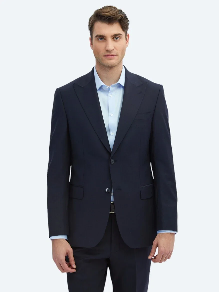Navy Blue Plain Modern Fit Wool Blended Suit - 1