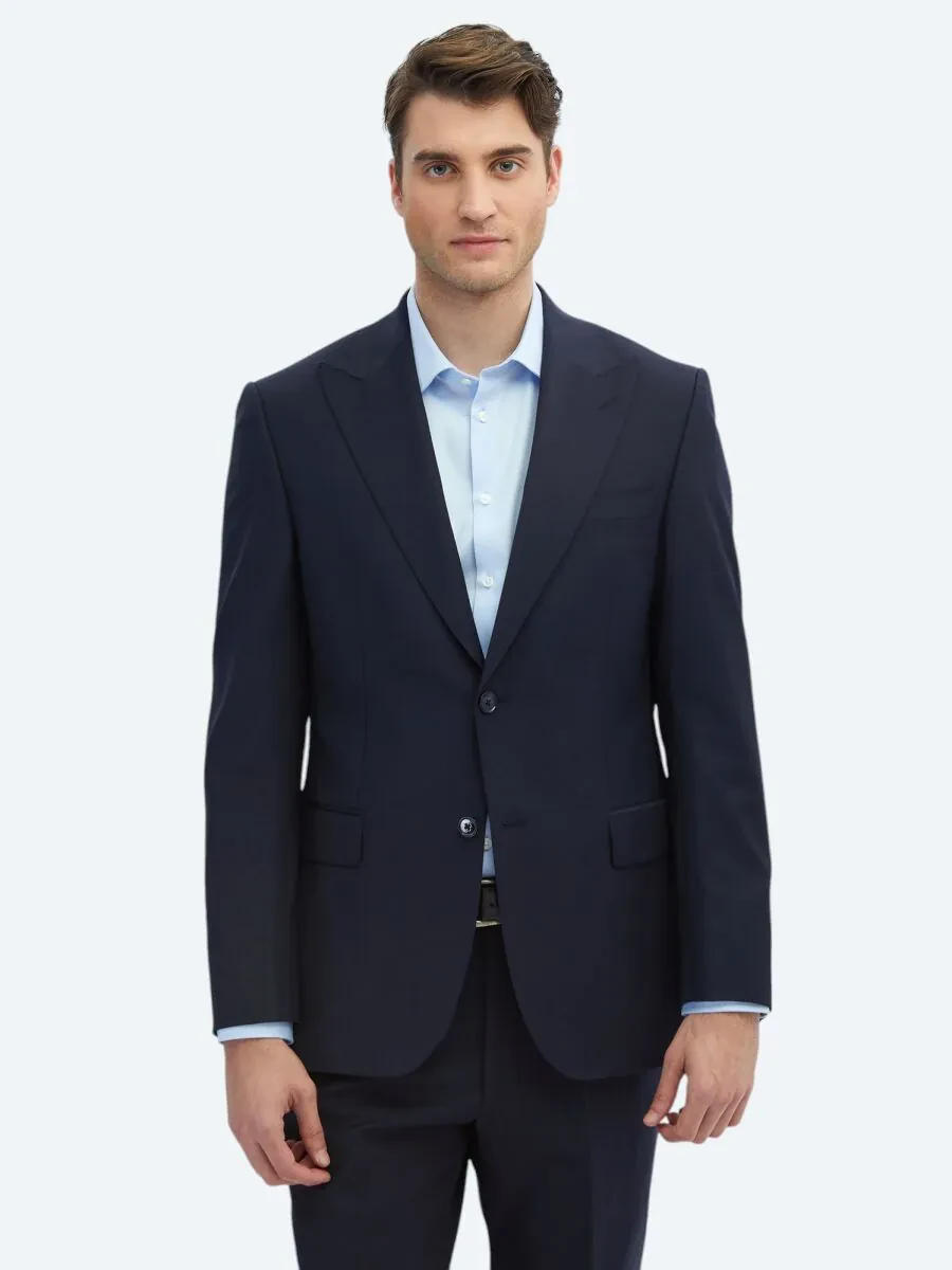 Navy Blue Plain Modern Fit Wool Blended Suit - 1