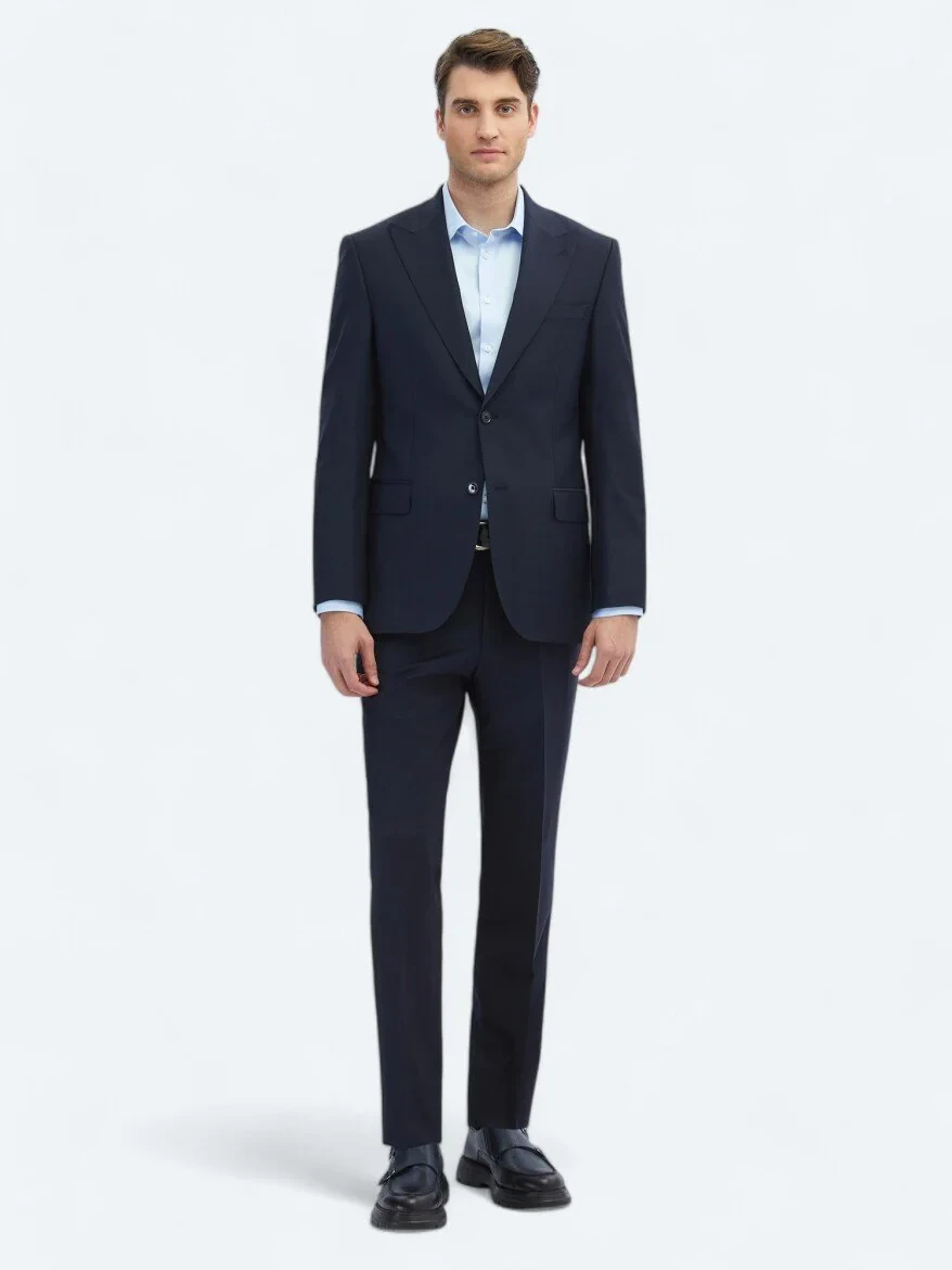 Navy Blue Plain Modern Fit Wool Blended Suit - 2