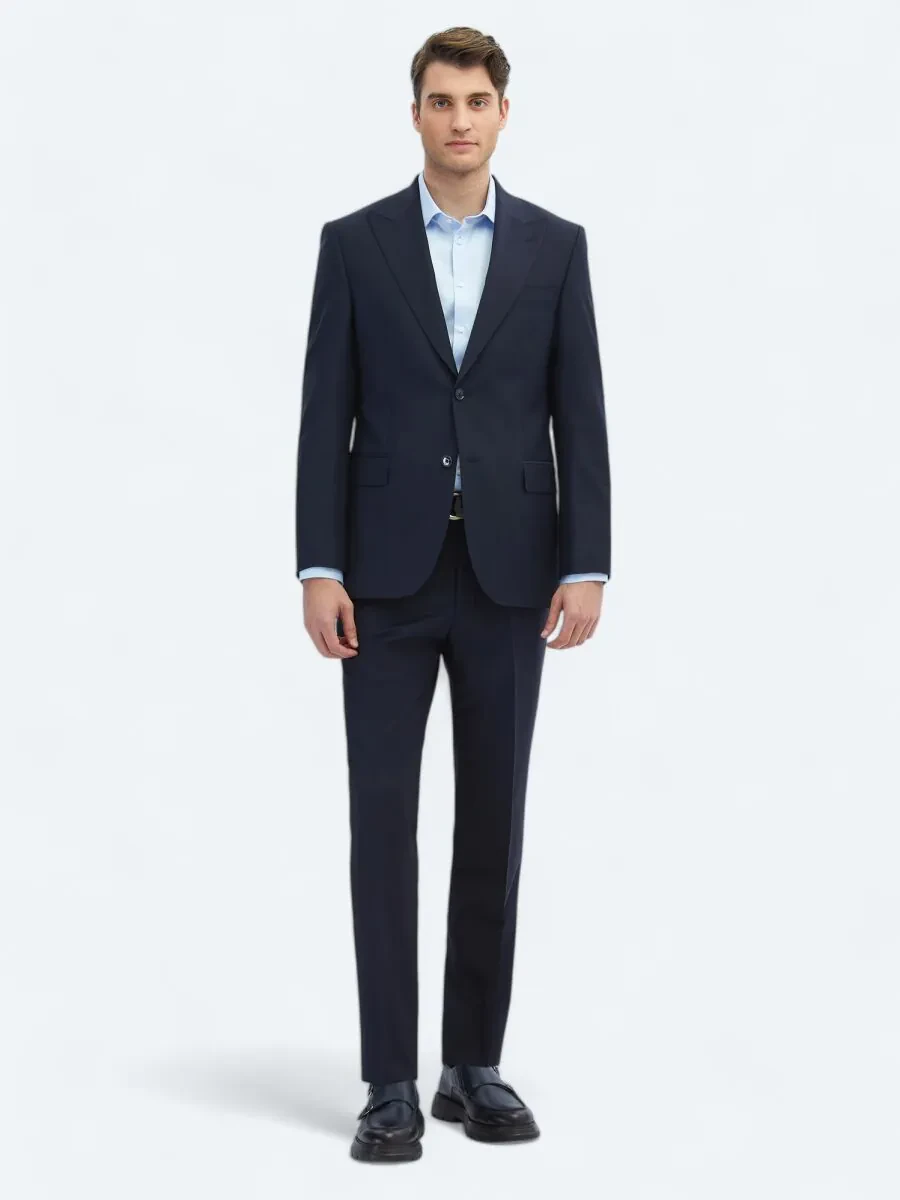Navy Blue Plain Modern Fit Wool Blended Suit - 2
