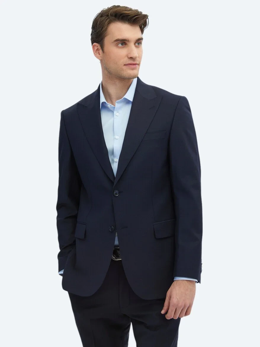 Navy Blue Plain Modern Fit Wool Blended Suit - 3