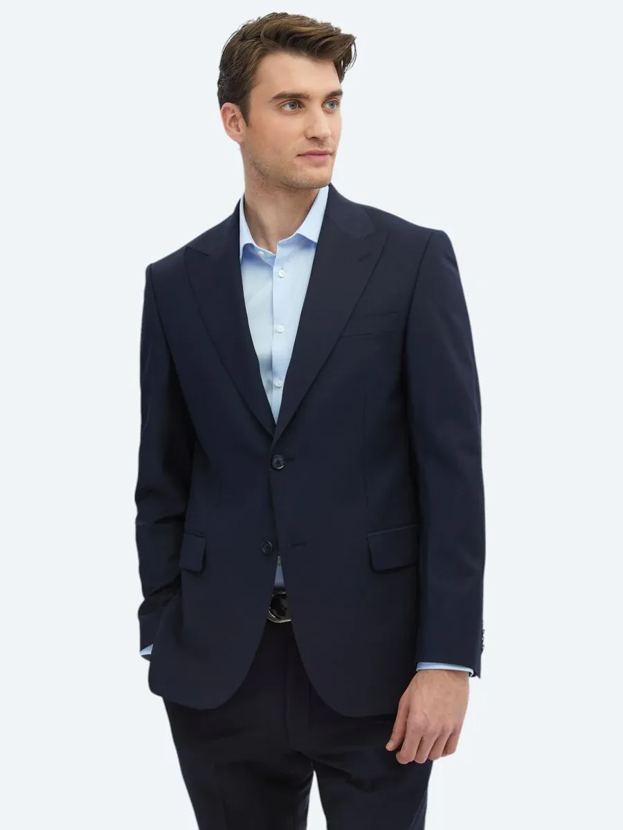 Navy Blue Plain Modern Fit Wool Blended Suit - 3