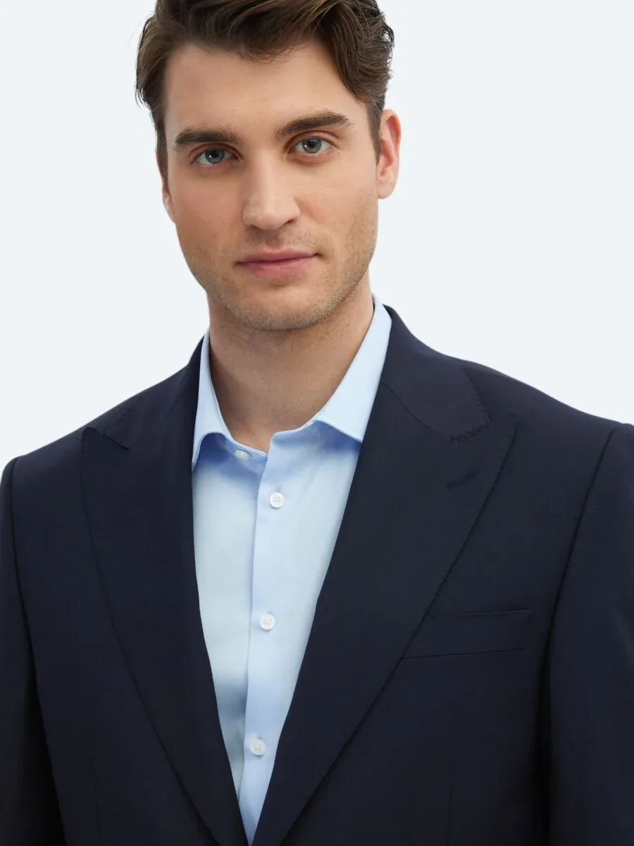 Navy Blue Plain Modern Fit Wool Blended Suit - 4