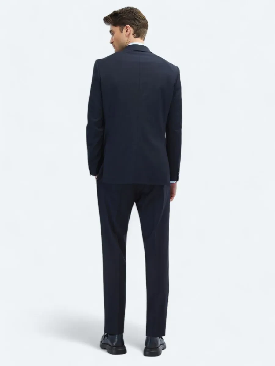 Navy Blue Plain Modern Fit Wool Blended Suit - 6