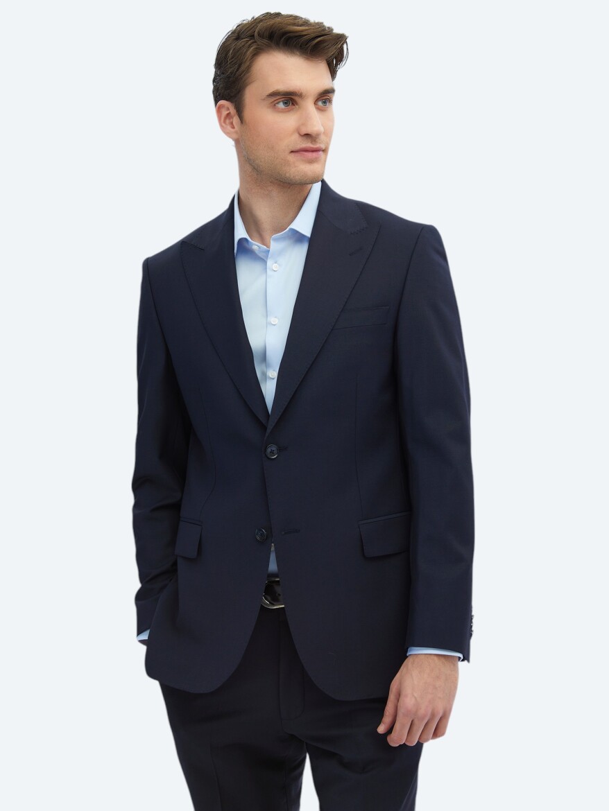 Navy Blue Plain Modern Fit Wool Blended Suit - 3