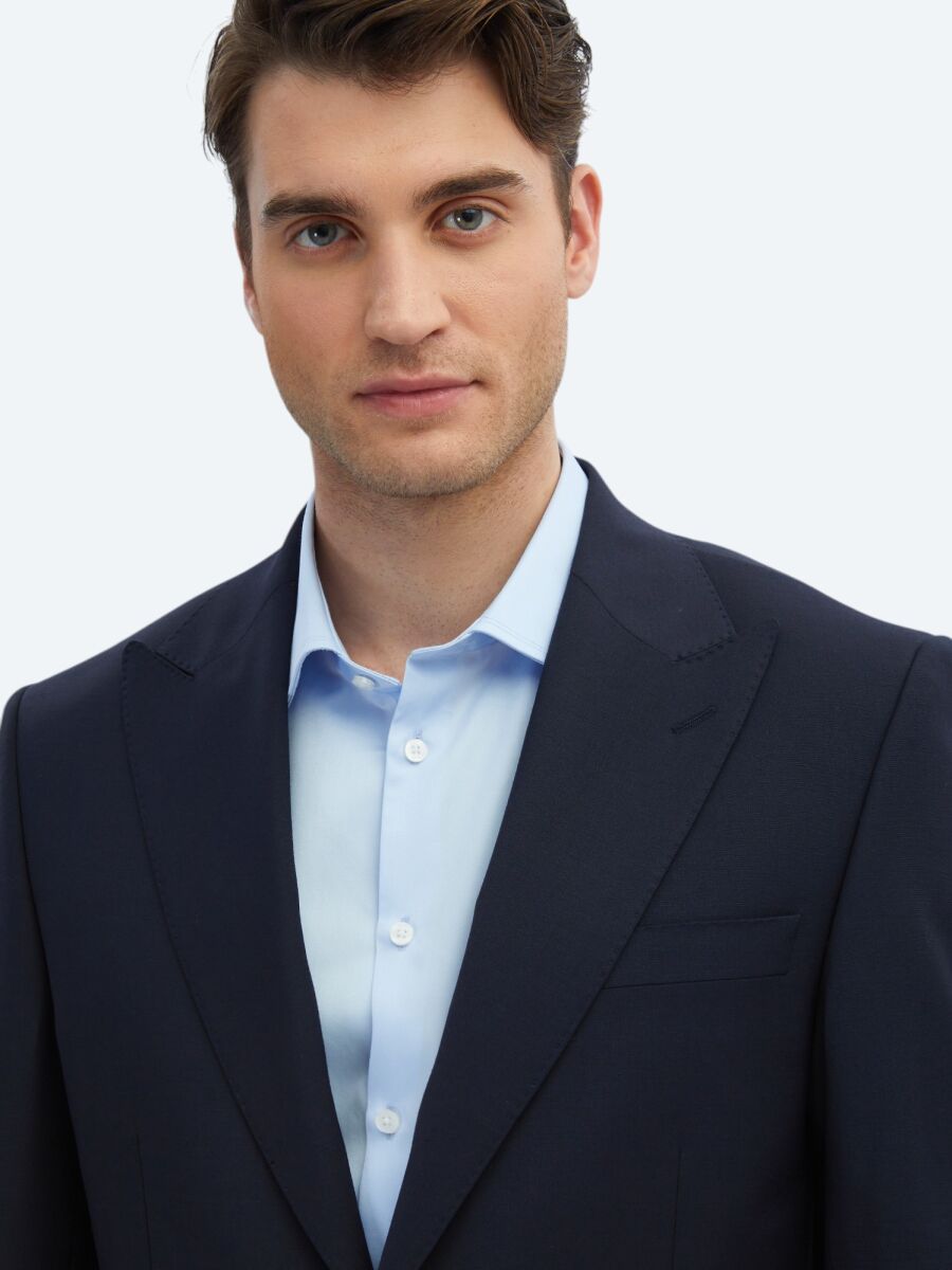 Navy Blue Plain Modern Fit Wool Blended Suit - 4