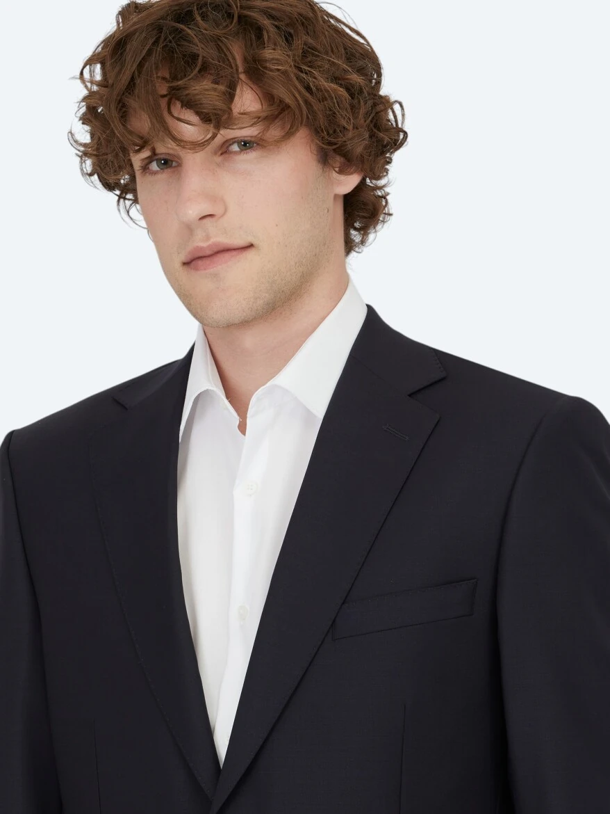 Navy Blue Plain Modern Fit Wool Blended Suit - 3