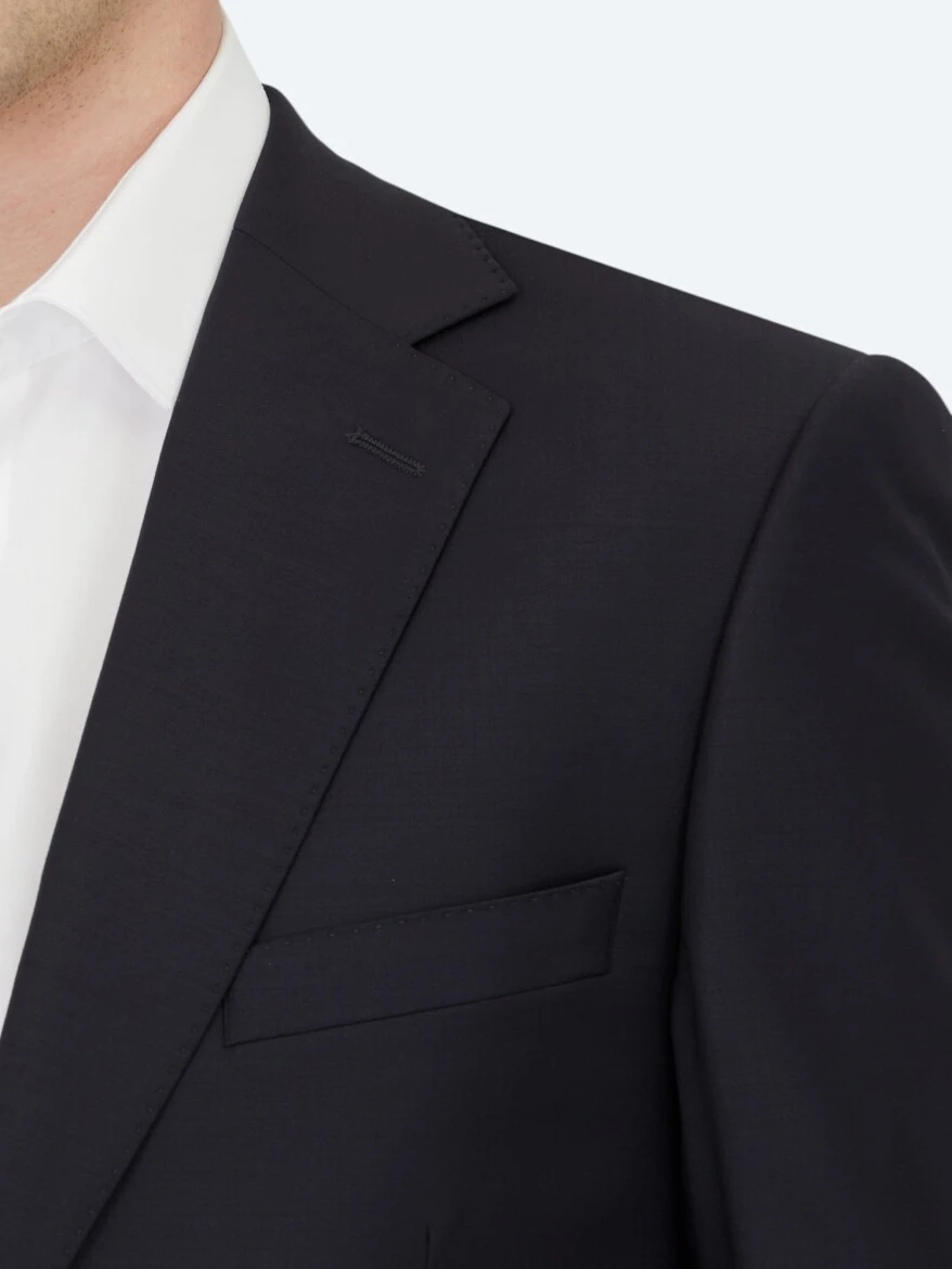 Navy Blue Plain Modern Fit Wool Blended Suit - 4