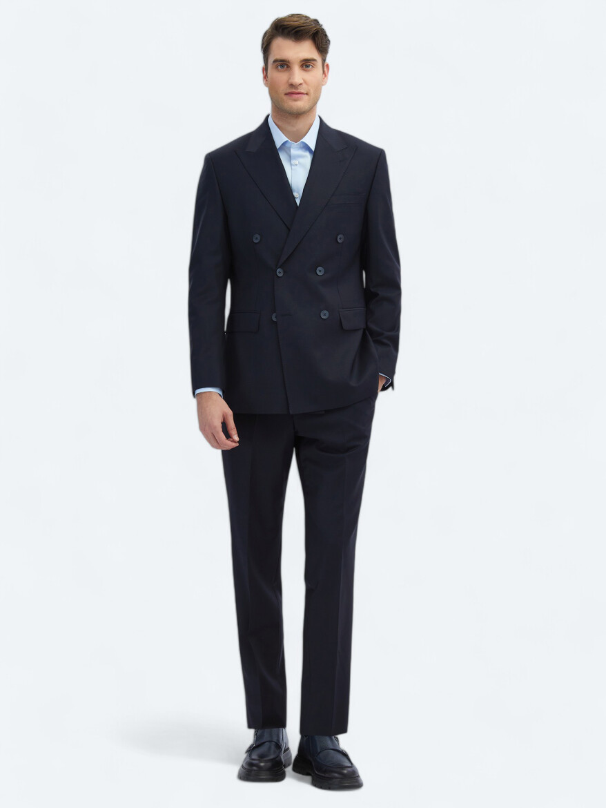 Navy Blue Plain Modern Fit Wool Blended Suit - 2