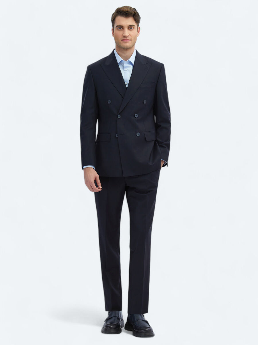 Navy Blue Plain Modern Fit Wool Blended Suit - 2