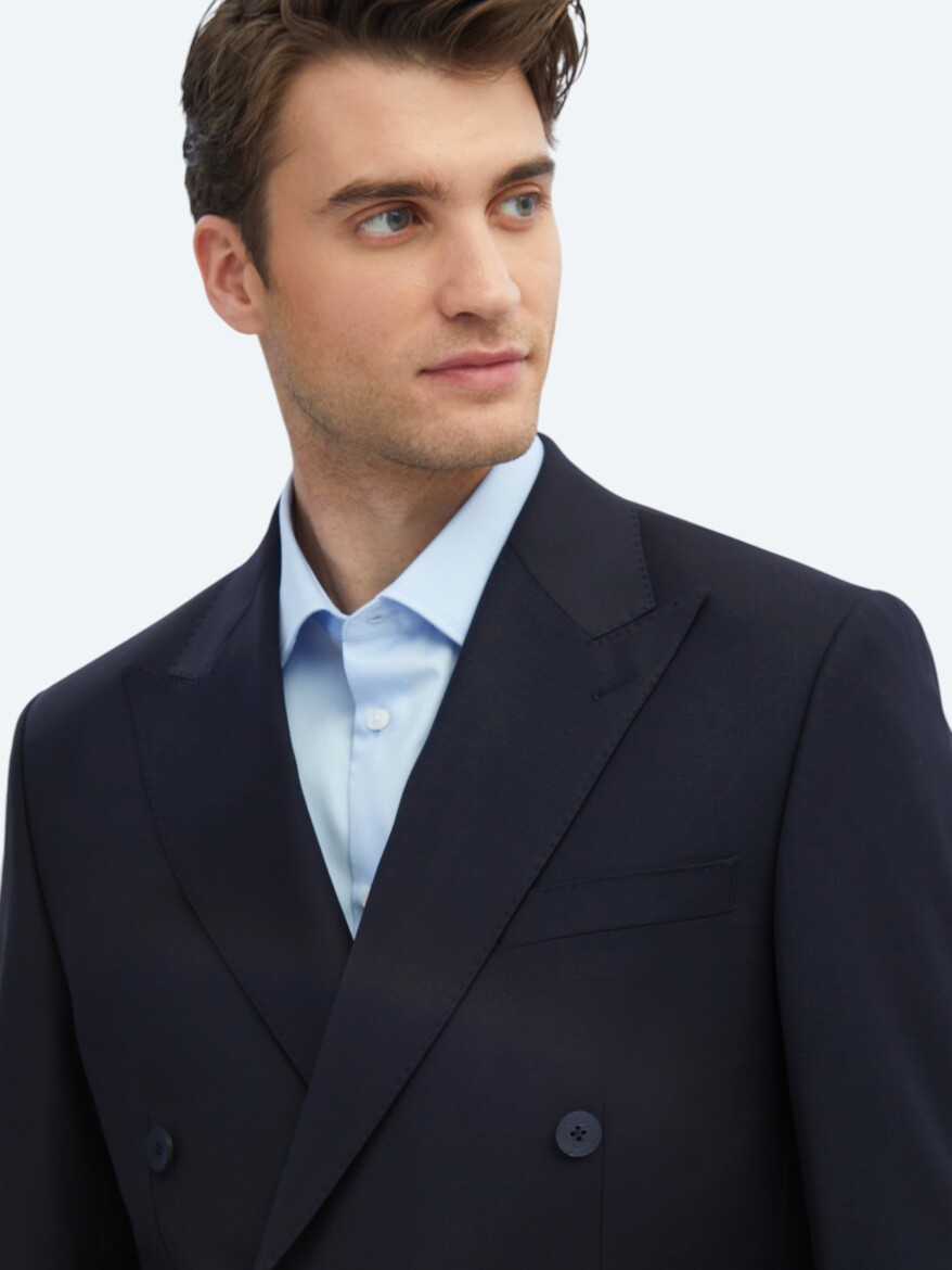 Navy Blue Plain Modern Fit Wool Blended Suit - 4