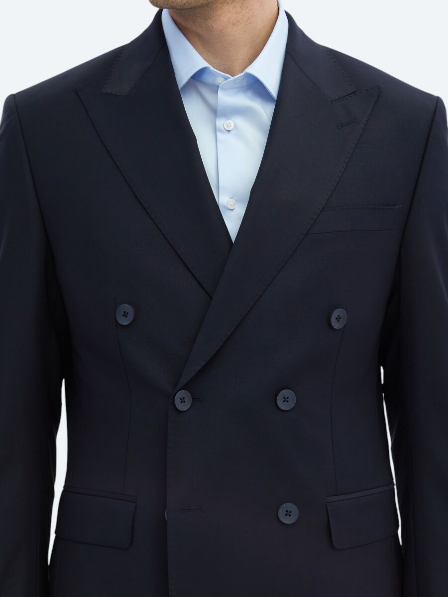 Navy Blue Plain Modern Fit Wool Blended Suit - 5