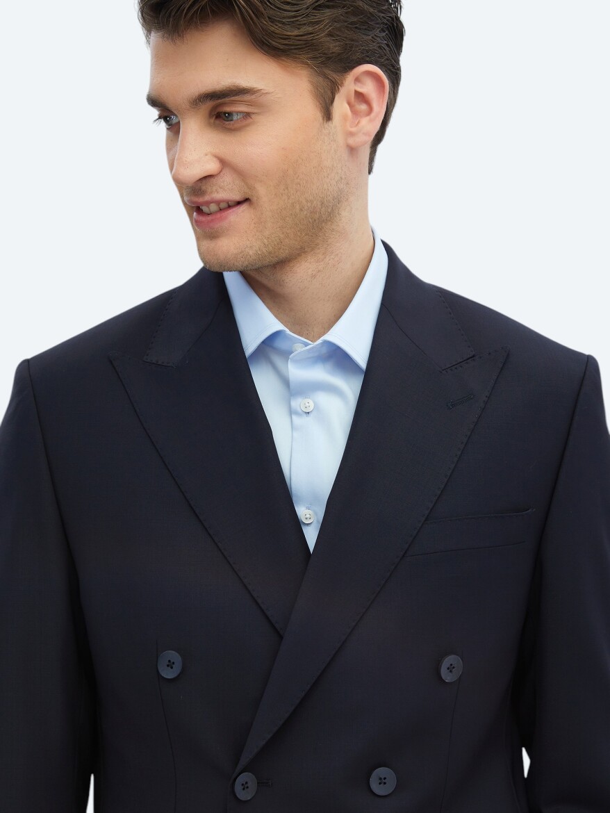Navy Blue Plain Modern Fit Wool Blended Suit - 6