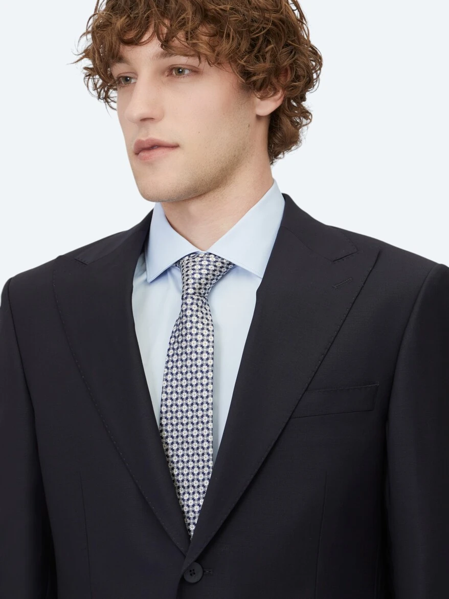 Navy Blue Plain Modern Fit Wool Blended Suit - 3