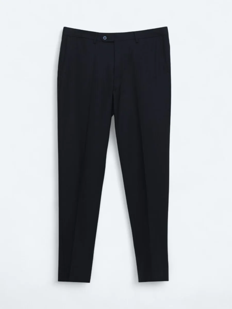 Navy Blue Plain Modern Fit Wool Blended Suit - 7