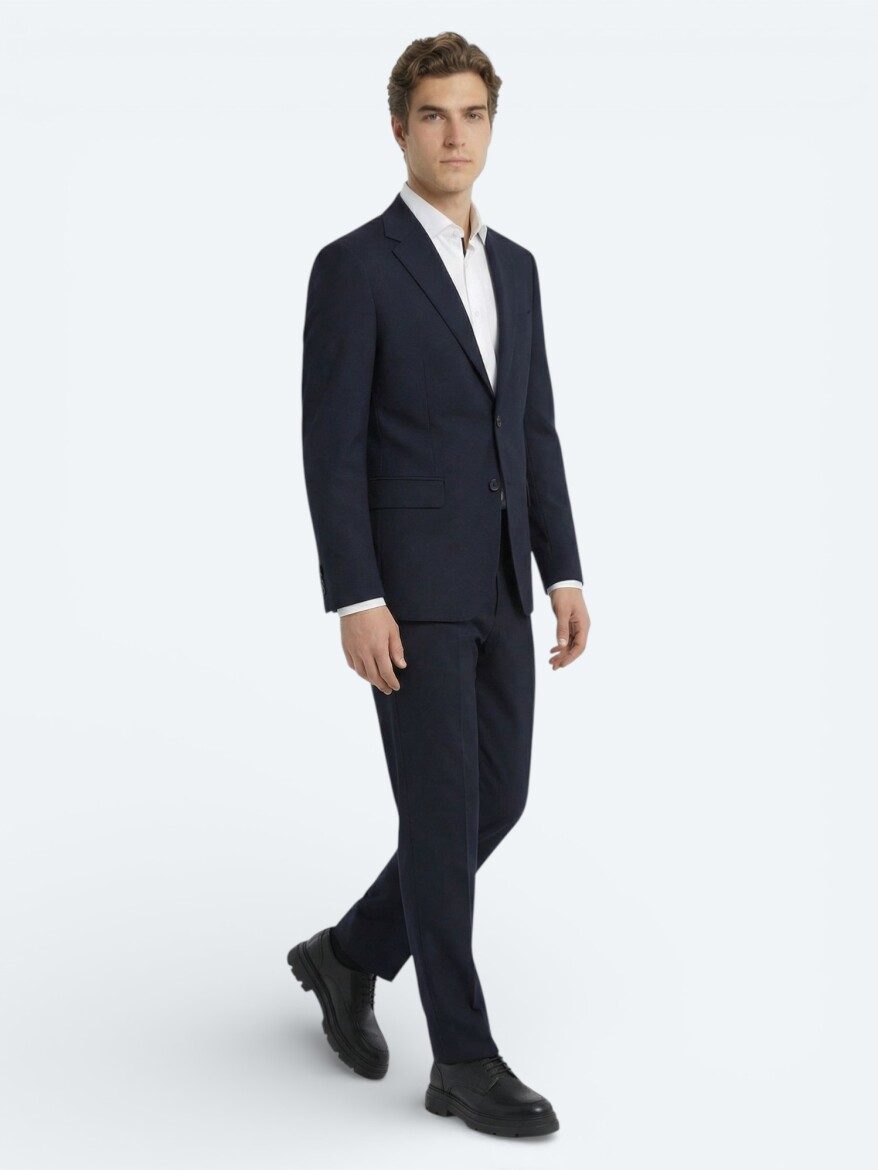 Navy Blue Plain Modern Fit Wool Blended Suit - KİP