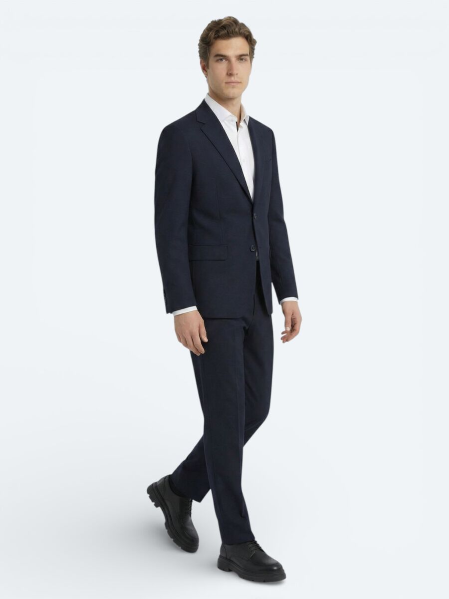 Navy Blue Plain Modern Fit Wool Blended Suit - 2