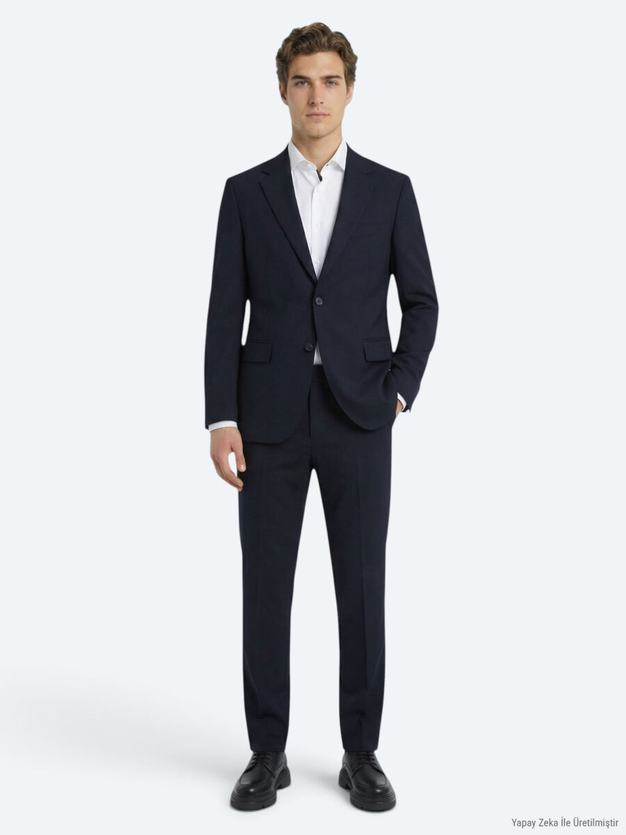 Navy Blue Plain Modern Fit Wool Blended Suit - 3
