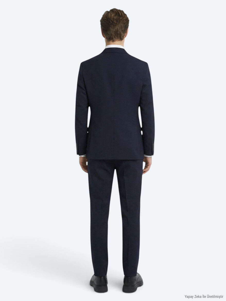 Navy Blue Plain Modern Fit Wool Blended Suit - 4