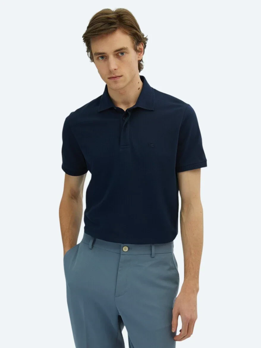 Navy Blue Plain Polo Neck 100% Cotton T-Shirt - 1