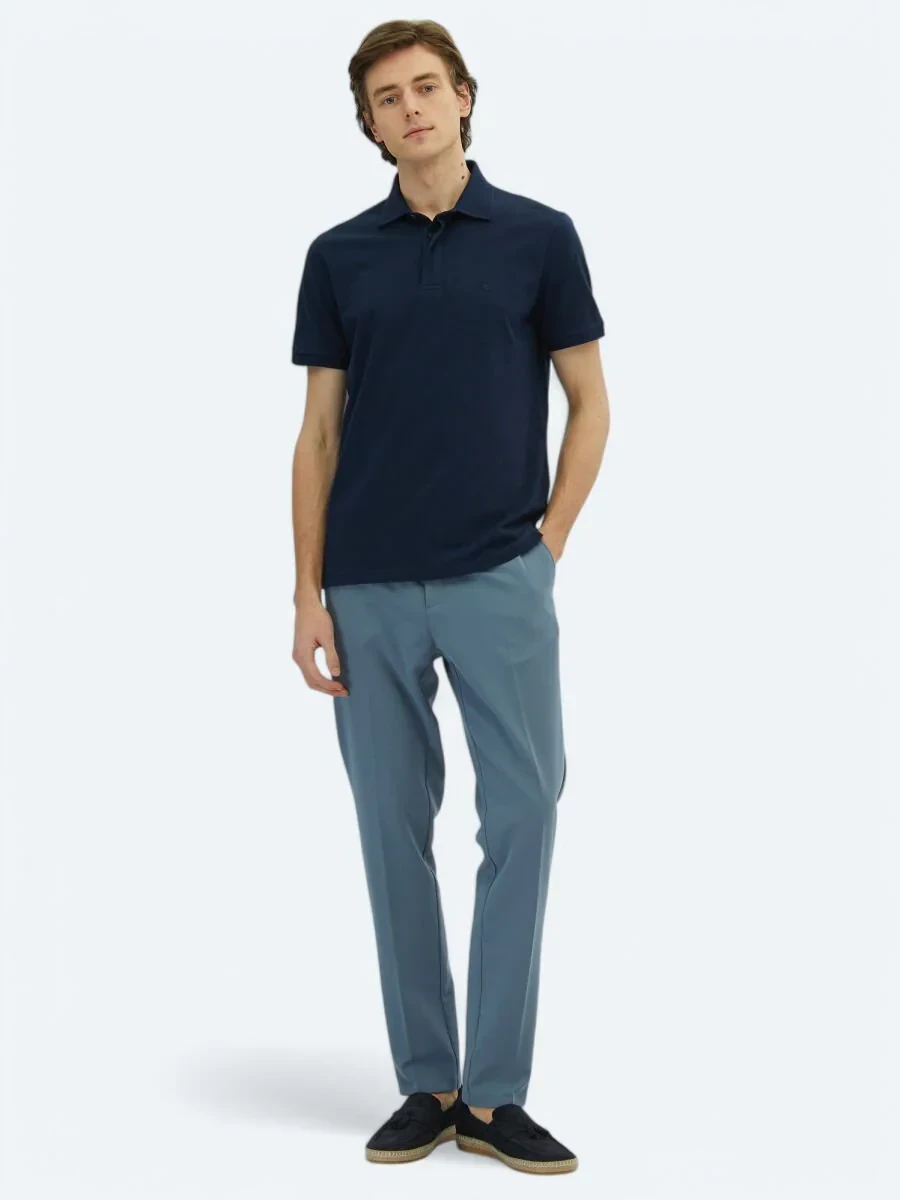 Navy Blue Plain Polo Neck 100% Cotton T-Shirt - 2