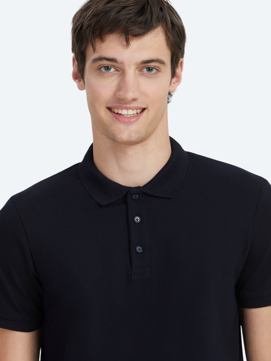 Navy Blue Plain Polo Neck 100% Cotton T-Shirt - 3