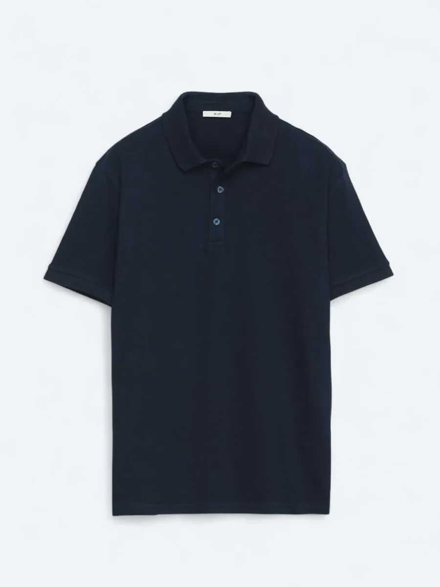 Navy Blue Plain Polo Neck 100% Cotton T-Shirt - 1