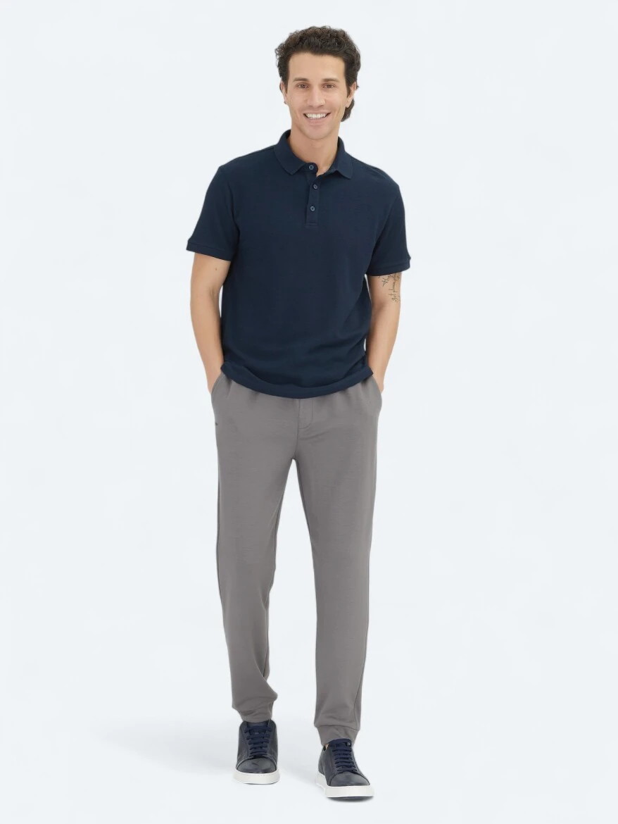 Navy Blue Plain Polo Neck 100% Cotton T-Shirt - KİP