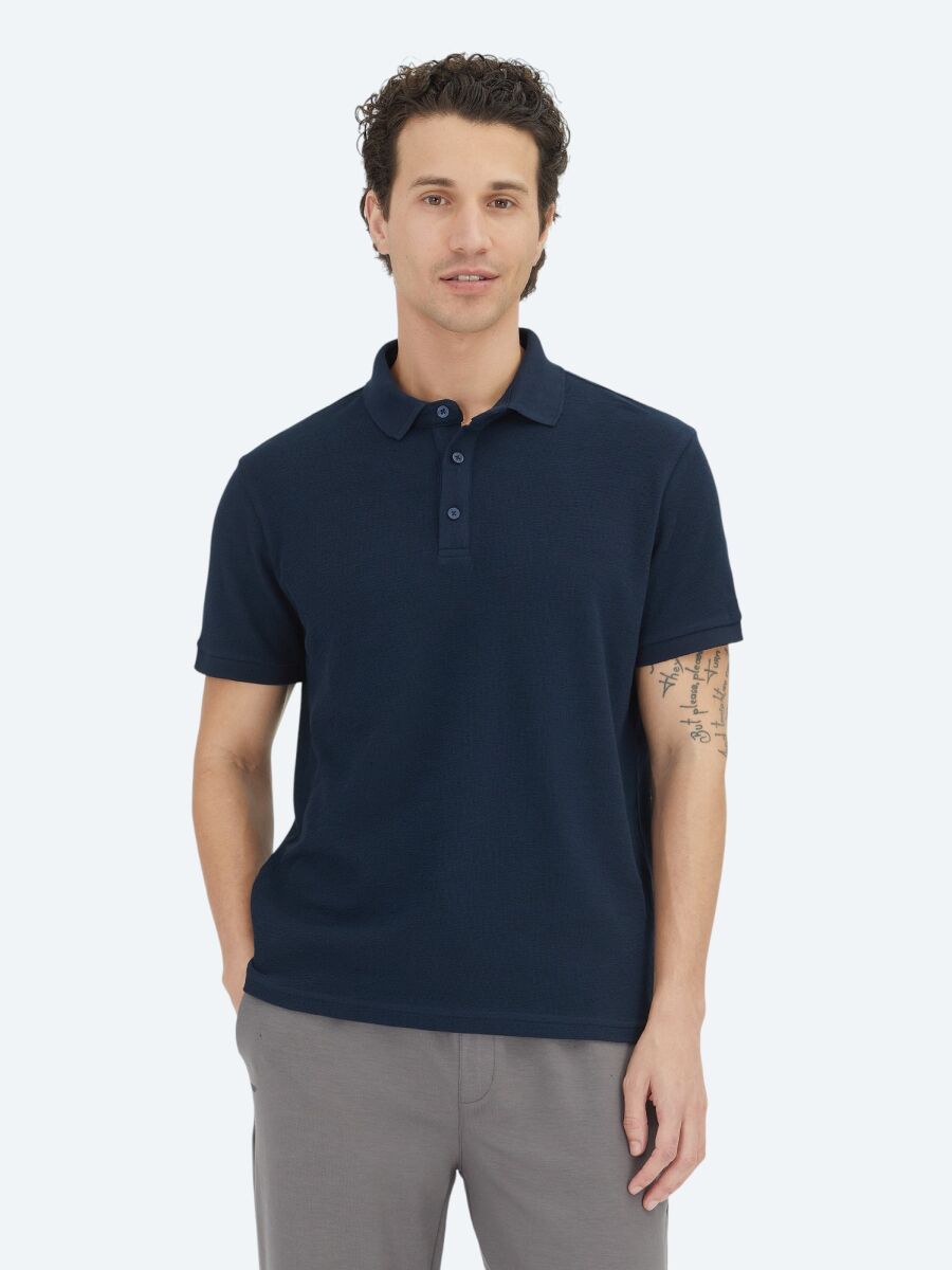 Navy Blue Plain Polo Neck 100% Cotton T-Shirt - 1