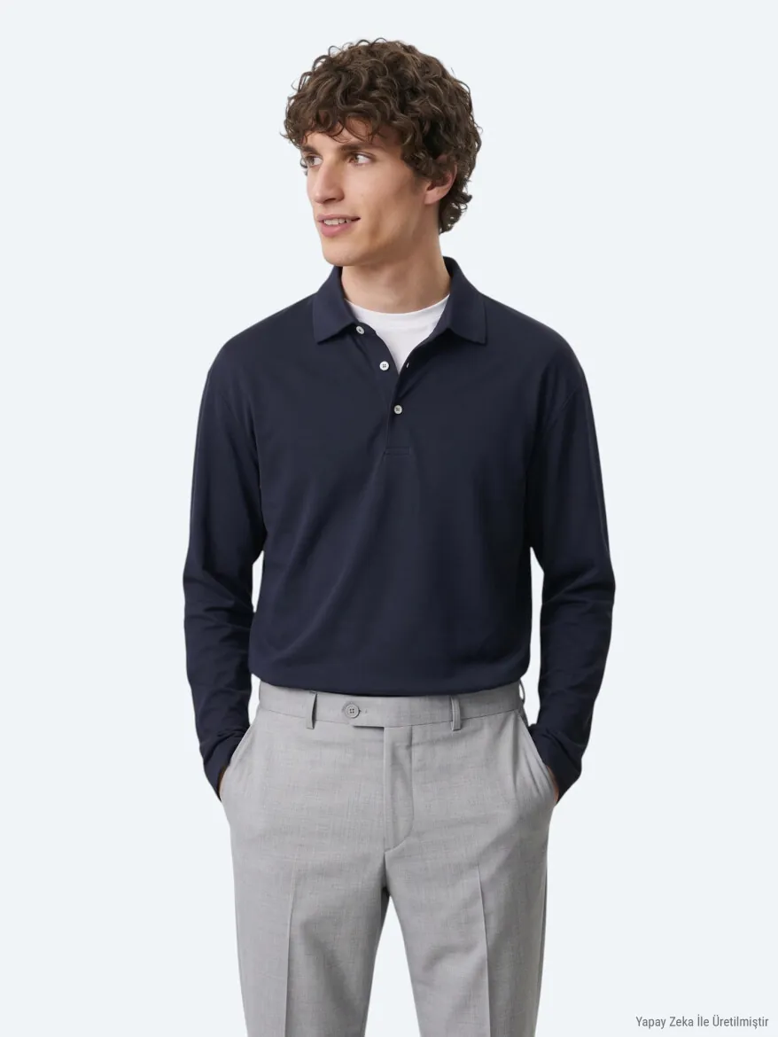 Navy Blue Plain Polo Neck 100% Cotton T-Shirt - 4