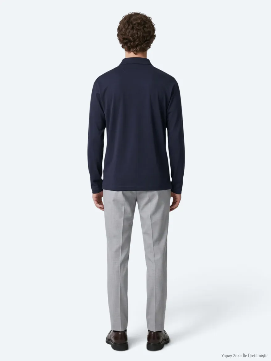 Navy Blue Plain Polo Neck 100% Cotton T-Shirt - 5