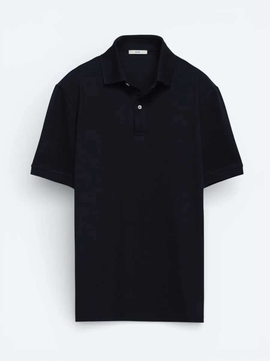 Navy Blue Plain Polo Neck Cotton Blended T-Shirt - 1
