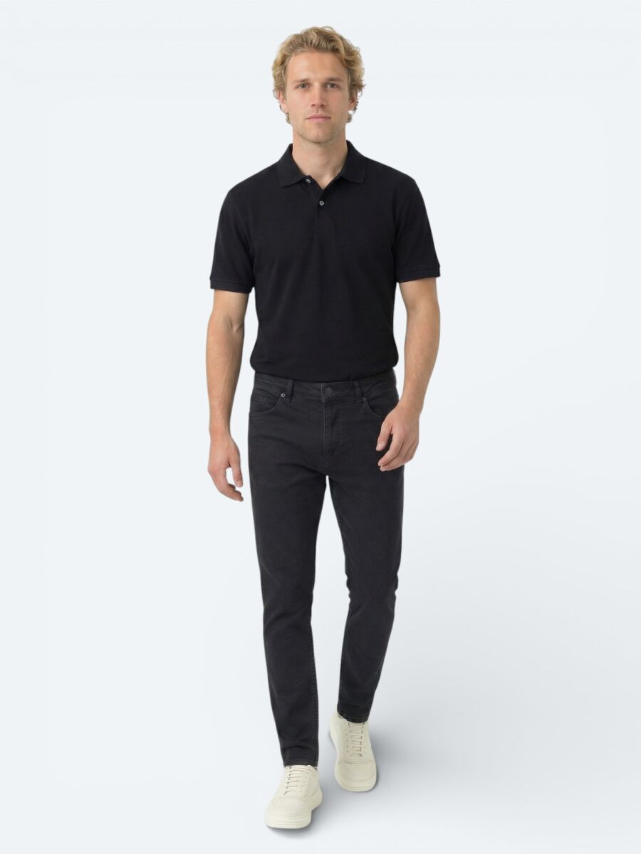 Navy Blue Plain Polo Neck Cotton Blended T-Shirt - 2