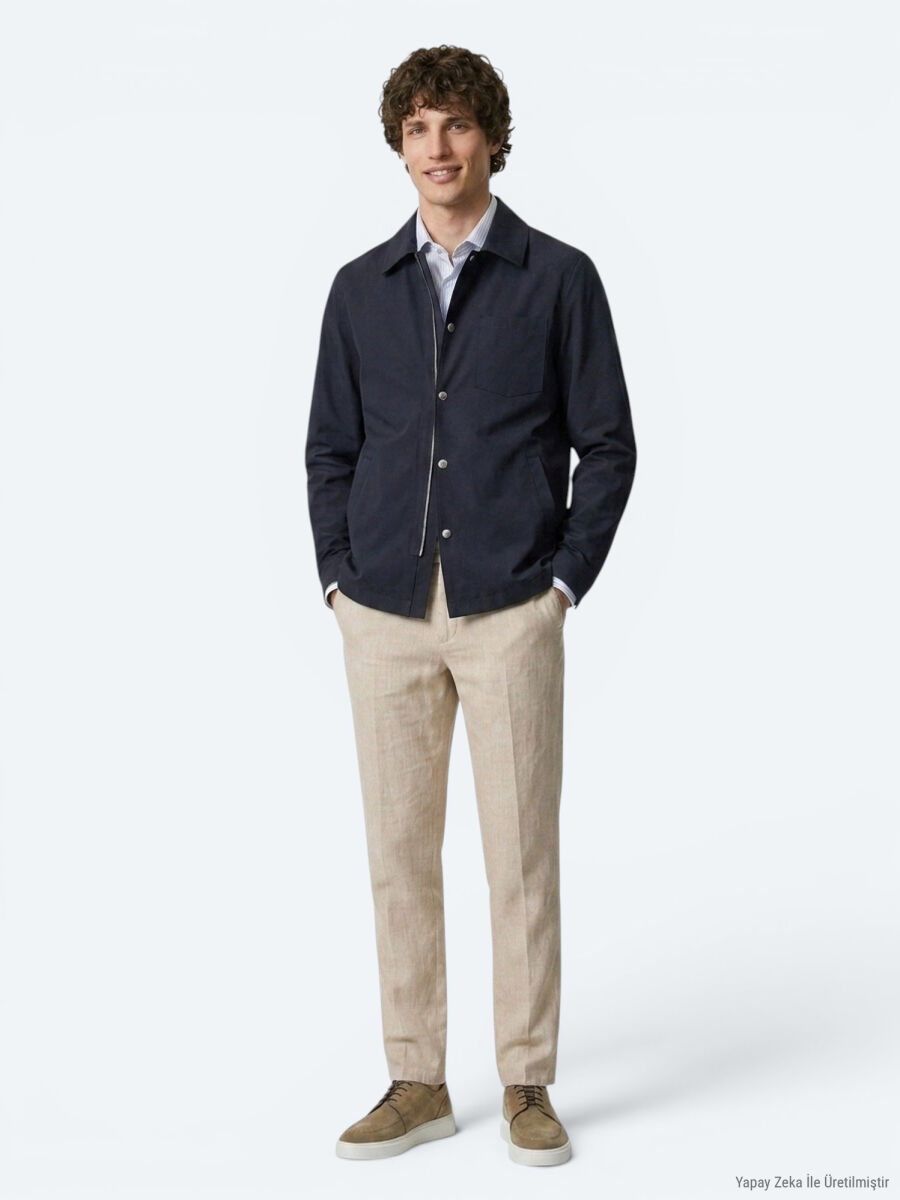 Navy Blue Plain Regular Fit Cotton Blended Lightweight Jacket - 2