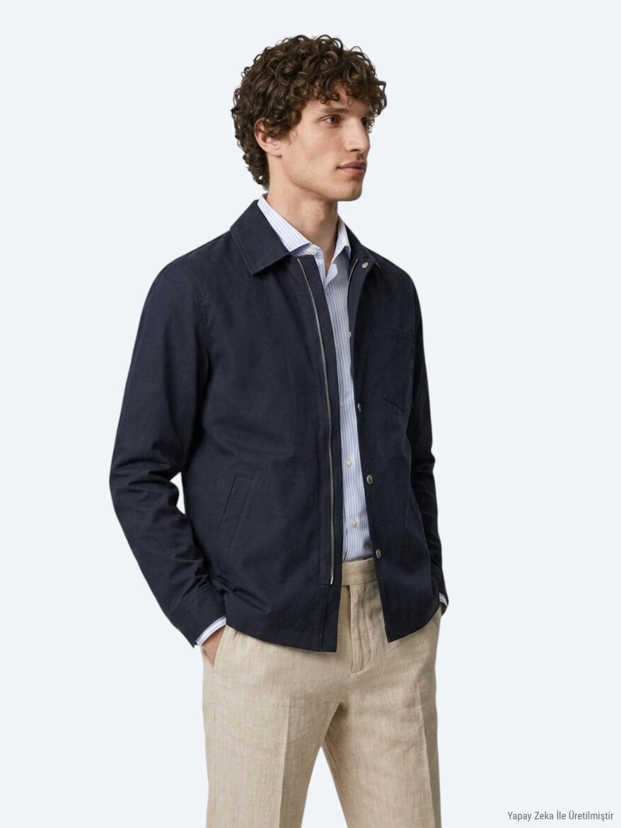 Navy Blue Plain Regular Fit Cotton Blended Lightweight Jacket - 3