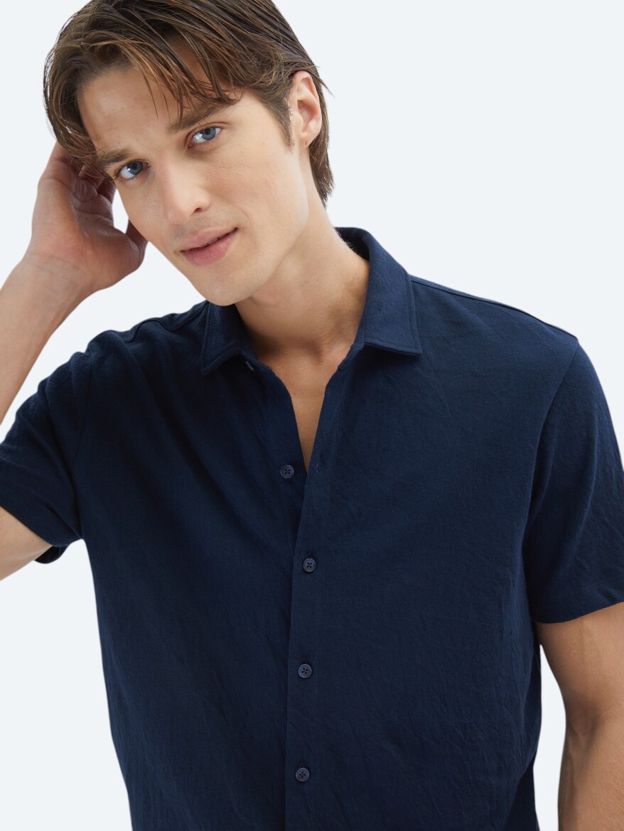 Navy Blue Plain Regular Fit Knitting Casual Cotton Blended Shirt - 3
