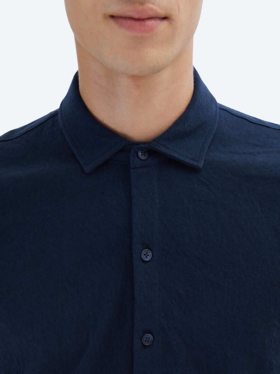 Navy Blue Plain Regular Fit Knitting Casual Cotton Blended Shirt - 4