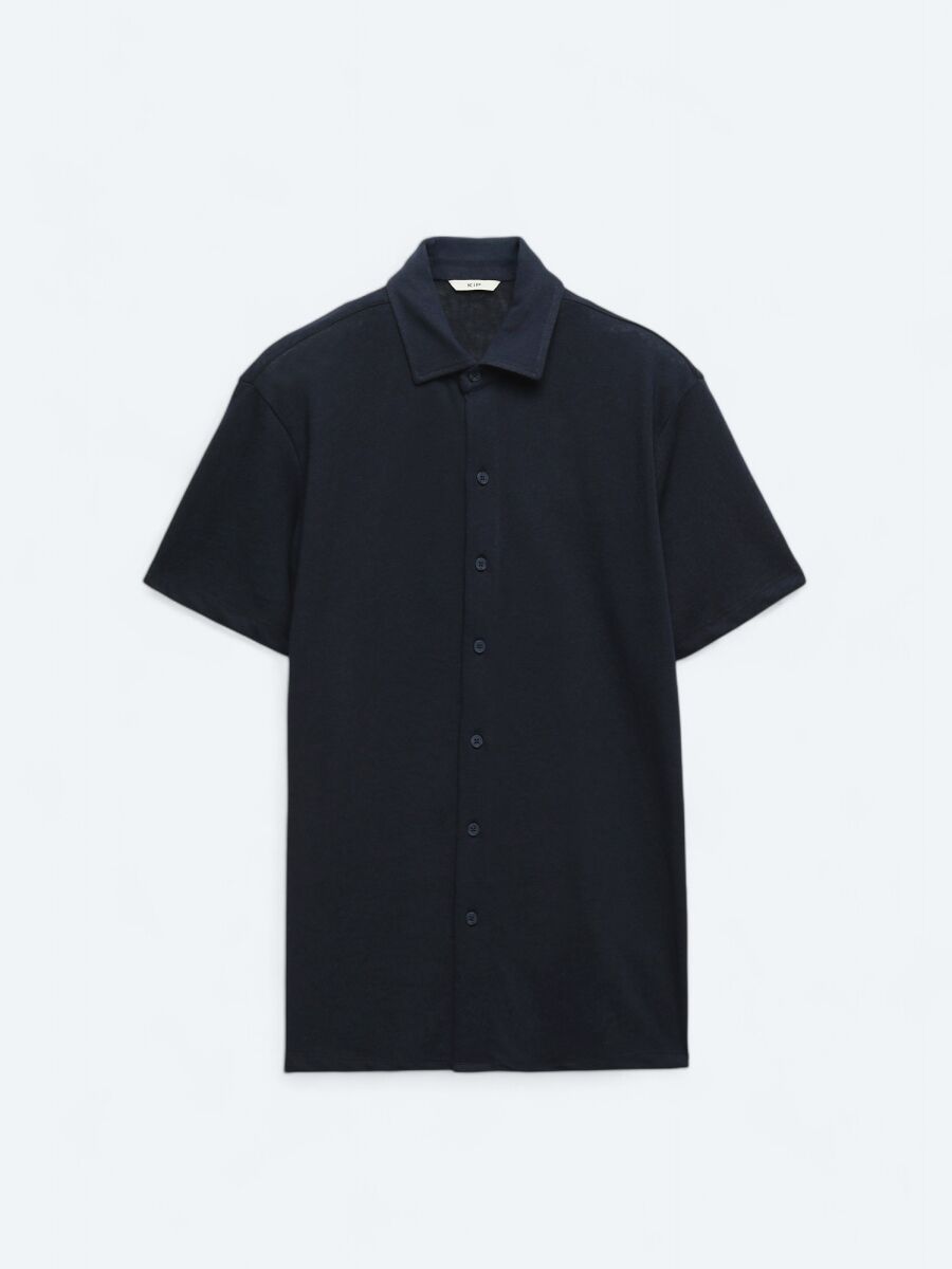 Navy Blue Plain Regular Fit Knitting Casual Cotton Blended Shirt - 7