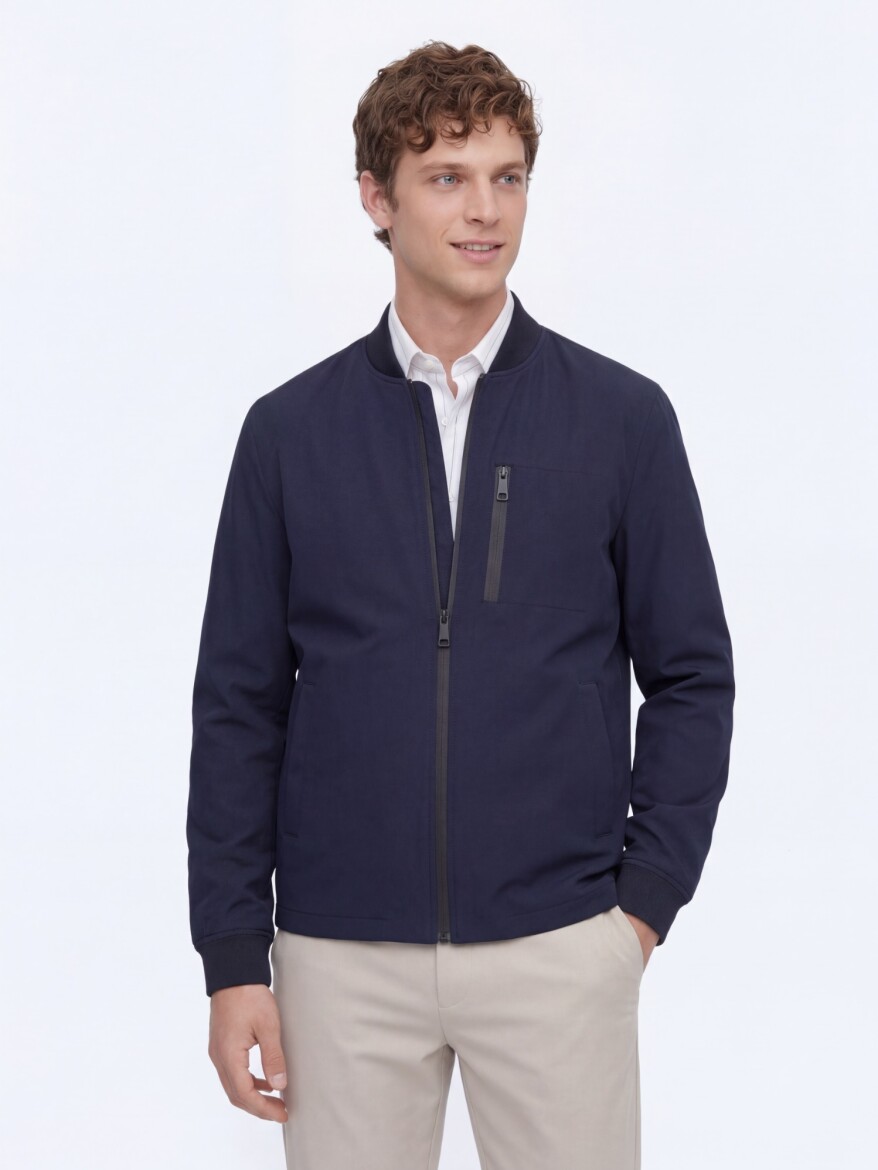 Navy Blue Plain Regular Fit Lightweight Jacket - 1