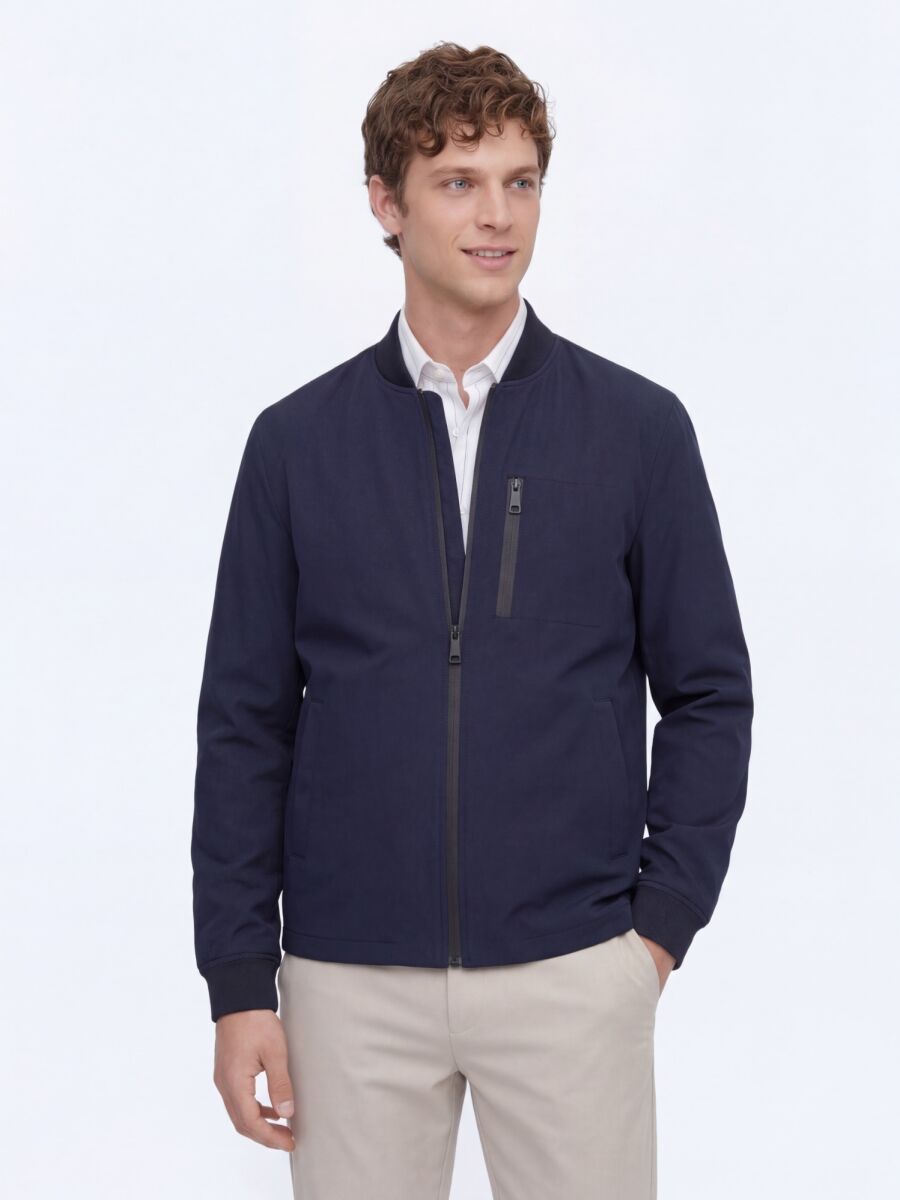 Navy Blue Plain Regular Fit Lightweight Jacket - 1